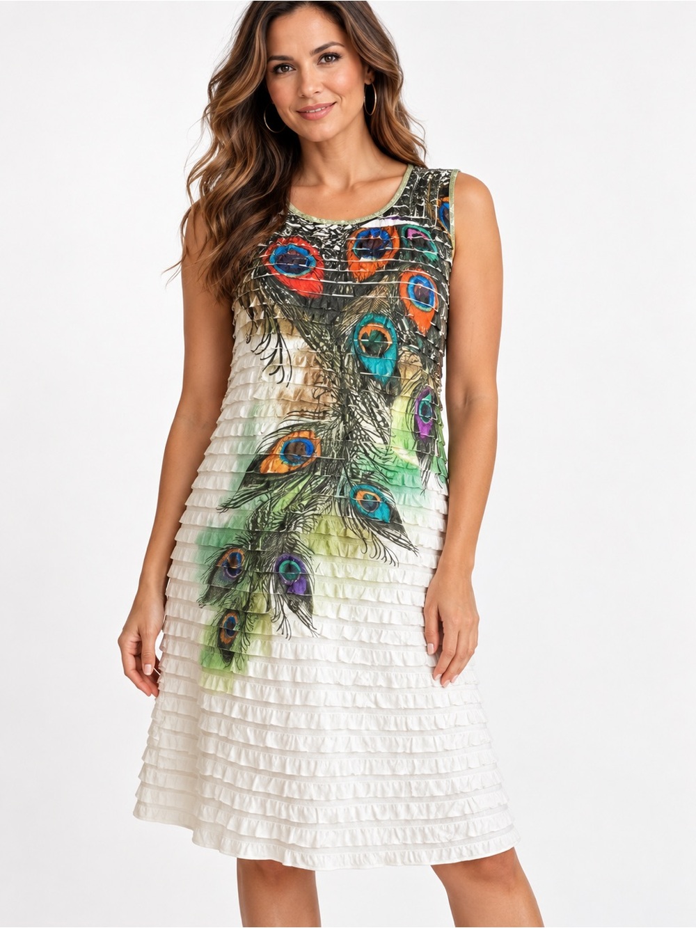 M Heart M Petite white peacock print ruffle Dress size PXL stretch spandex lined